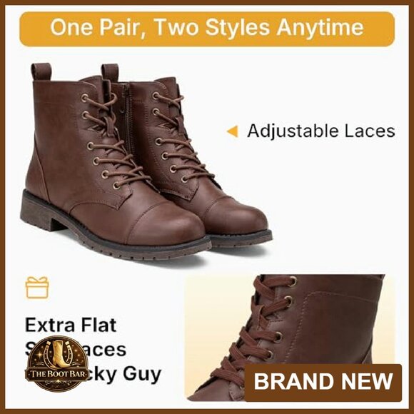 Women's Ankle Boots Lace Up Combat Booties Low Heel Fashion - Picture 5 of 8